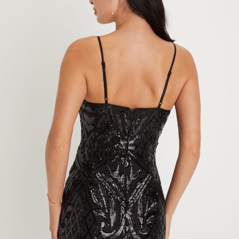 Lulus Shining Presence Black Sequin Feather Bodycon Mini Dress - Picture 4 of 7